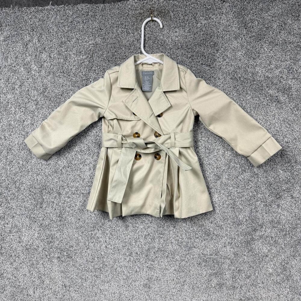 Tahari Trench Coat Girls 9-12M Tan Belted Double Breasted Pleated Parisian Chic